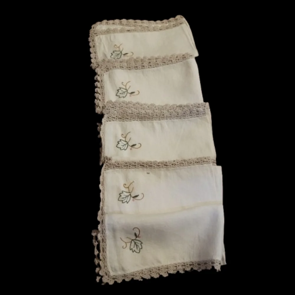 Embroidered Linen Napkins with Crochet Trim